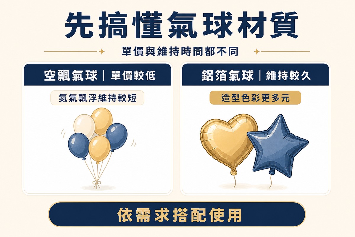 資訊圖卡比較空飄氣球與鋁箔氣球：左側空飄氣球單價較低、氦氣飄浮維持較短，配一串圓形氣球插畫；右側鋁箔氣球維持較久、造型色彩更多元，配愛心與星形鋁箔氣球插畫