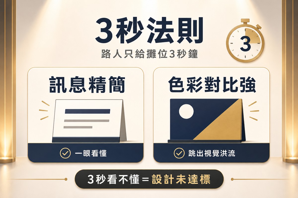 圖解3秒法則，左卡訊息精簡搭配一眼看懂標籤，右卡色彩對比強搭配跳出視覺洪流標籤，底部提醒3秒看不懂等於設計未達標