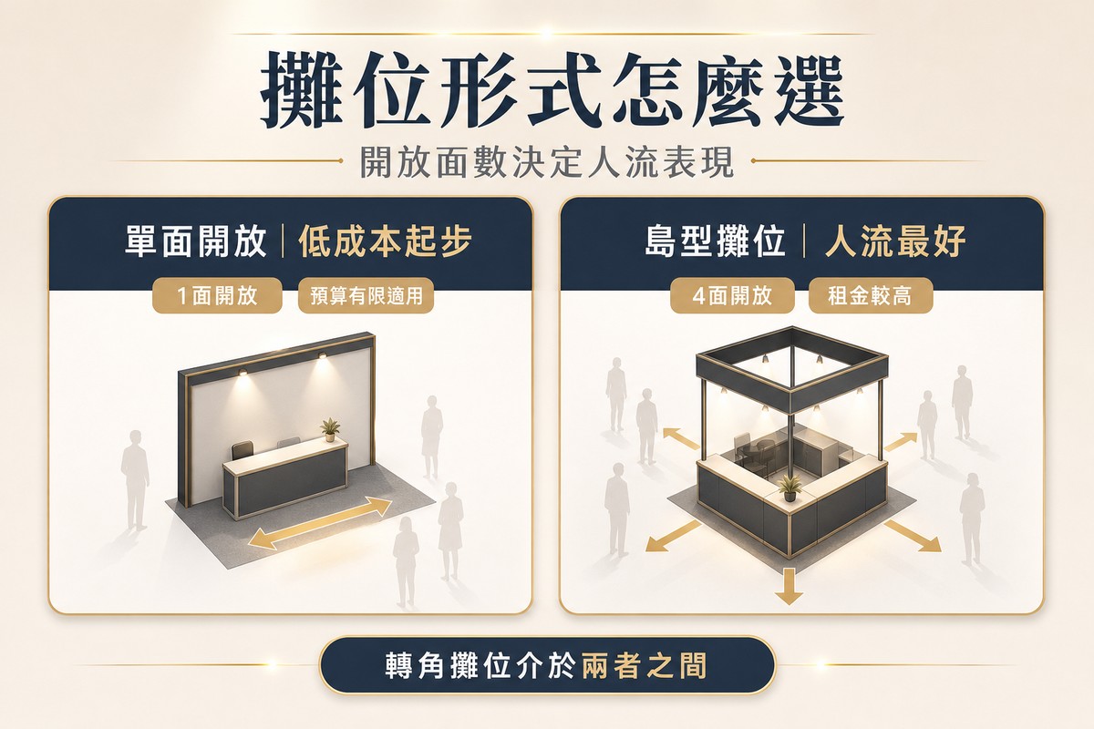 兩張並排卡片圖解攤位形式，左卡單面開放搭配低成本起步文字與1面開放、預算有限適用標籤，右卡島型攤位搭配人流最好文字與4面開放、租金較高標籤，底部提醒轉角攤位介於兩者之間