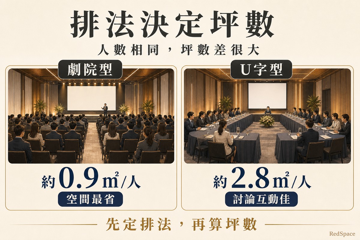 劇院型與U字型會議排法比較,劇院型每人約0.9平方公尺、U字型每人約2.8平方公尺