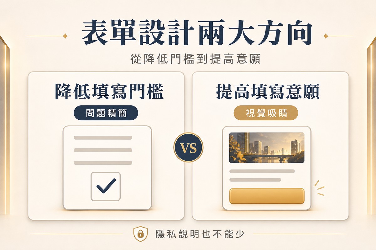 解說圖對比表單設計的兩大方向:左側降低填寫門檻卡片顯示簡化表單與打勾框,標籤寫問題精簡;右側提高填寫意願卡片顯示帶照片縮圖與對比色按鈕的表單,標籤寫視覺吸睛,底部提醒隱私說明也不能少。