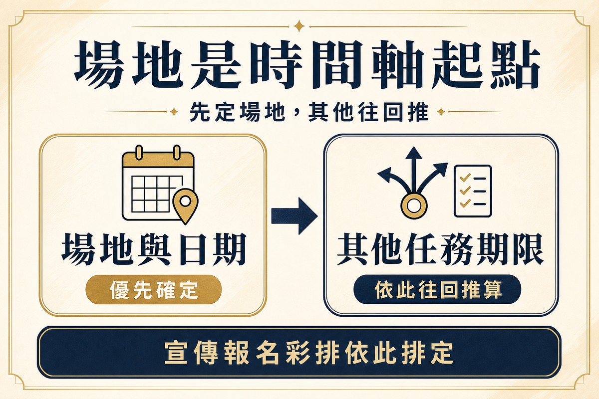 兩張並排卡片圖解場地與時間軸的關係,左卡場地與日期搭配優先確定文字,右卡其他任務期限搭配依此往回推算文字,中間以箭頭連接,底部提醒宣傳報名彩排依此排定