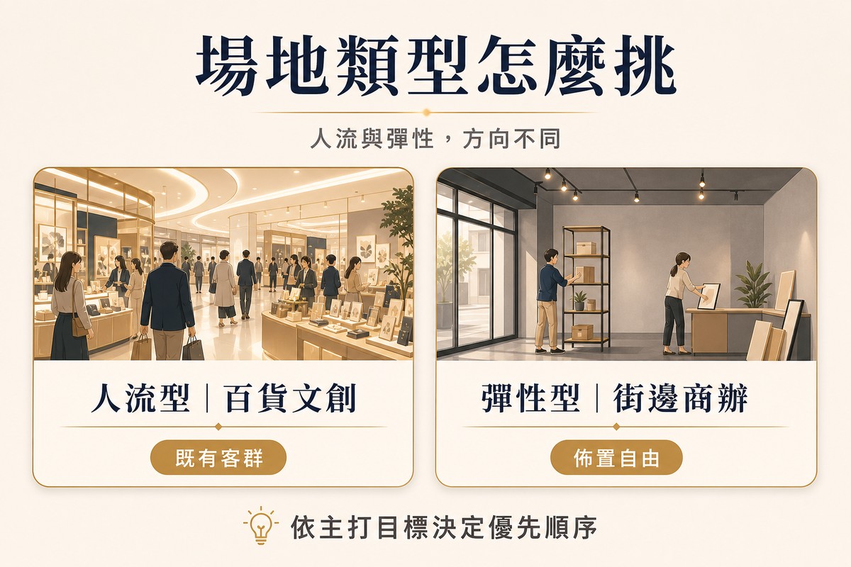 解說圖對比兩種快閃店場地類型：左側人流型卡片顯示百貨文創空間裡人潮走動的畫面，標籤寫既有客群；右側彈性型卡片顯示街邊商辦空間裡兩人自由佈置展示架，標籤寫佈置自由，底部提醒依主打目標決定優先順序。