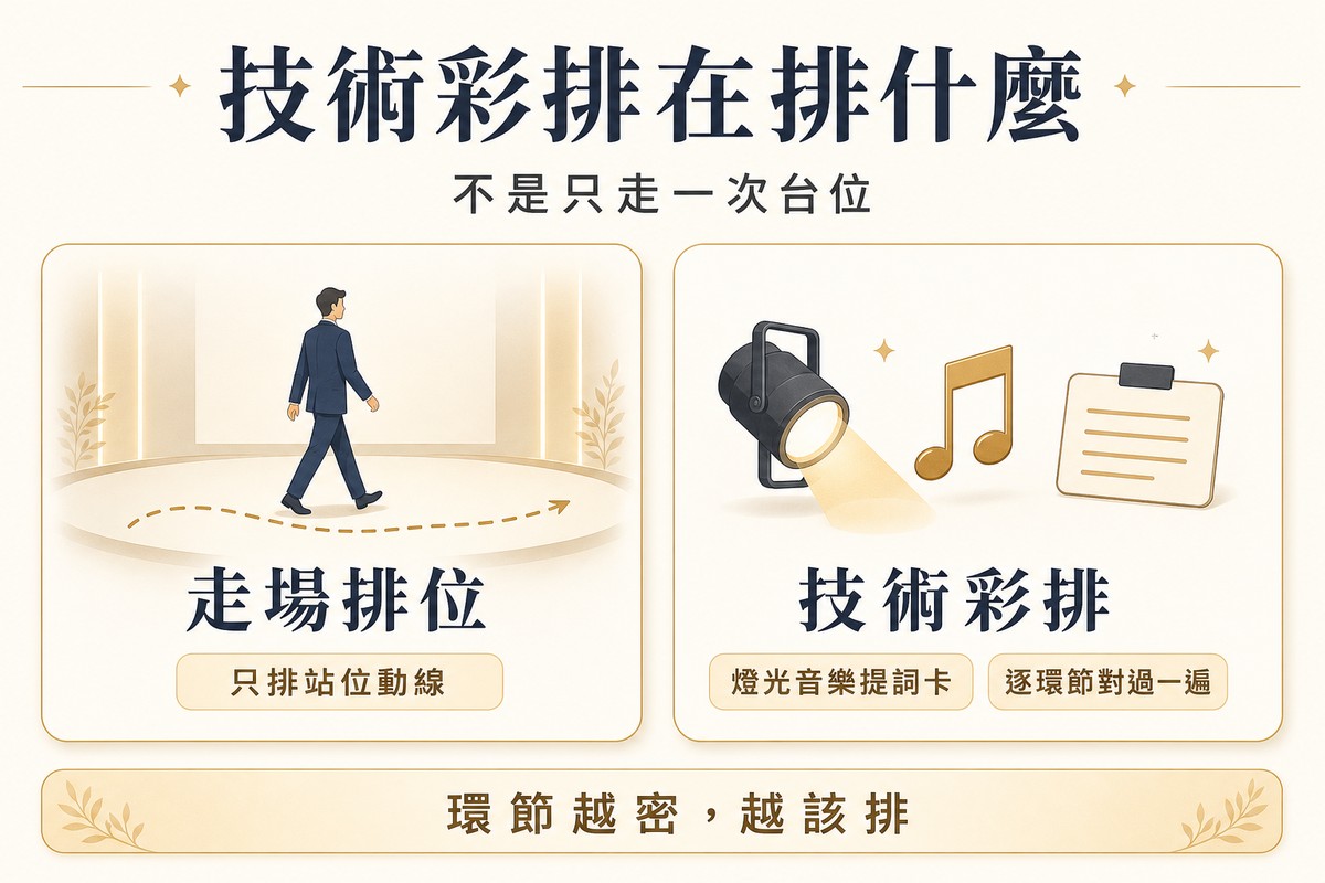 兩張並排卡片圖解技術彩排與走場排位的差異，左卡插畫一位人物沿虛線走過舞台搭配走場排位、只排站位動線標籤，右卡插畫聚光燈、音符與提詞卡三個圖示搭配技術彩排、燈光音樂提詞卡、逐環節對過一遍標籤，底部提醒環節越密、越該排