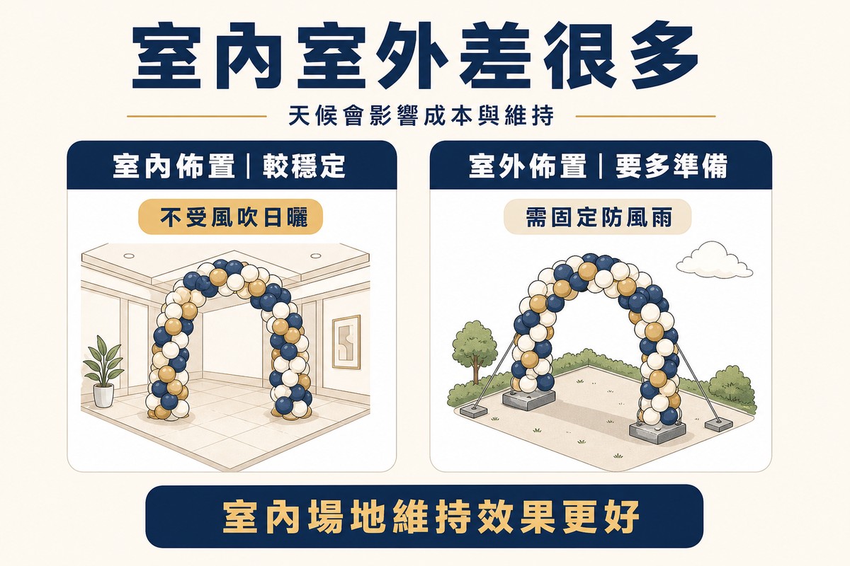 資訊圖卡比較室內佈置與室外佈置：左側室內佈置較穩定、不受風吹日曬，配室內氣球拱門插畫；右側室外佈置需固定防風雨，配戶外氣球拱門加裝固定底座插畫