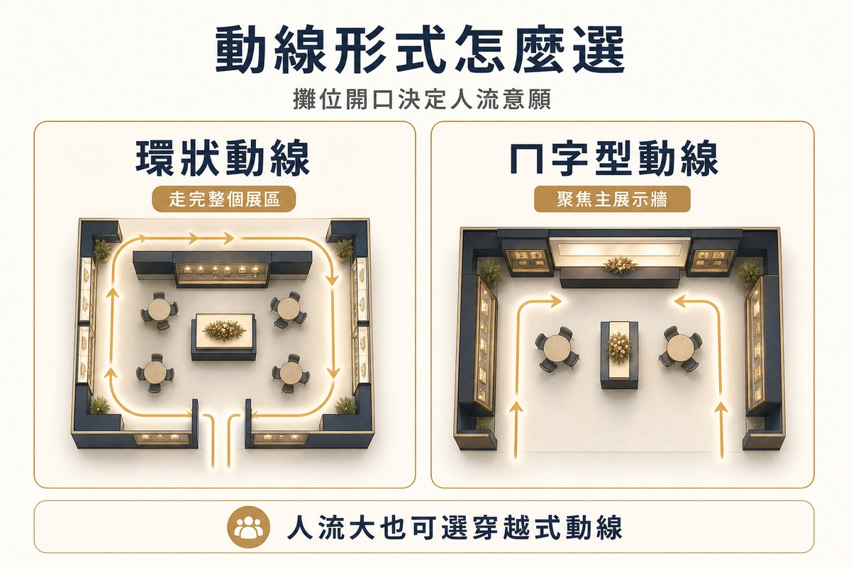 圖解兩種攤位動線形式，左圖環狀動線搭配走完整個展區標籤與人流箭頭，右圖ㄇ字型動線搭配聚焦主展示牆標籤，底部提醒人流大也可選穿越式動線