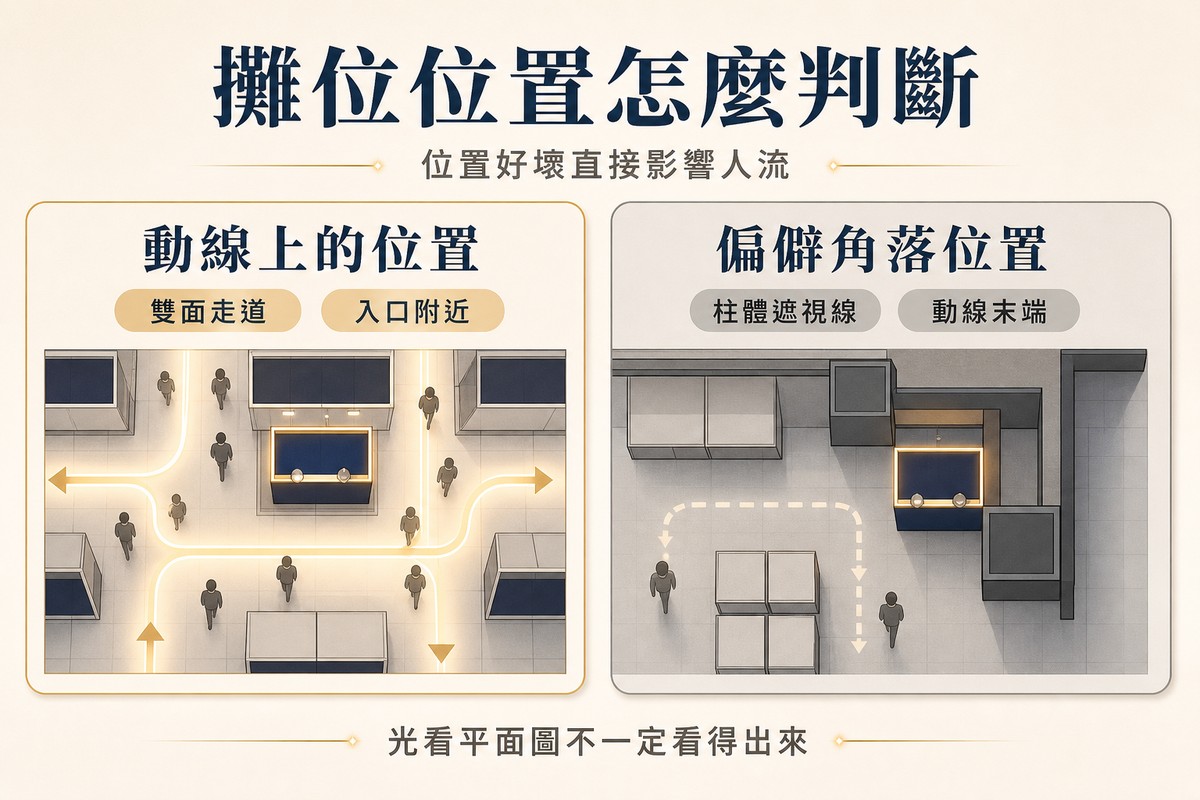 兩張並排卡片圖解攤位位置判斷，左卡動線上的位置搭配雙面走道、入口附近標籤與人流動線示意圖，右卡偏僻角落位置搭配柱體遮視線、動線末端標籤與人流稀少示意圖，底部提醒光看平面圖不一定看得出來