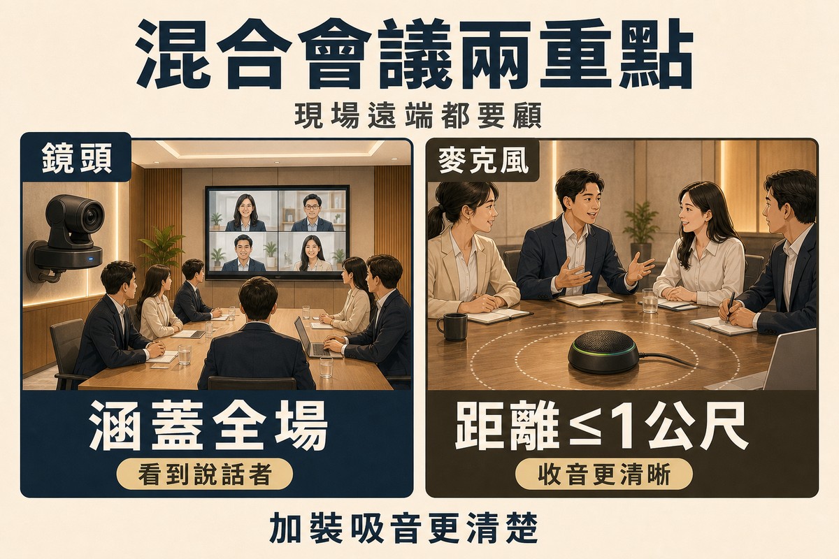 混合式會議兩大設備重點,鏡頭需涵蓋全場、麥克風與參與者距離需在1公尺內