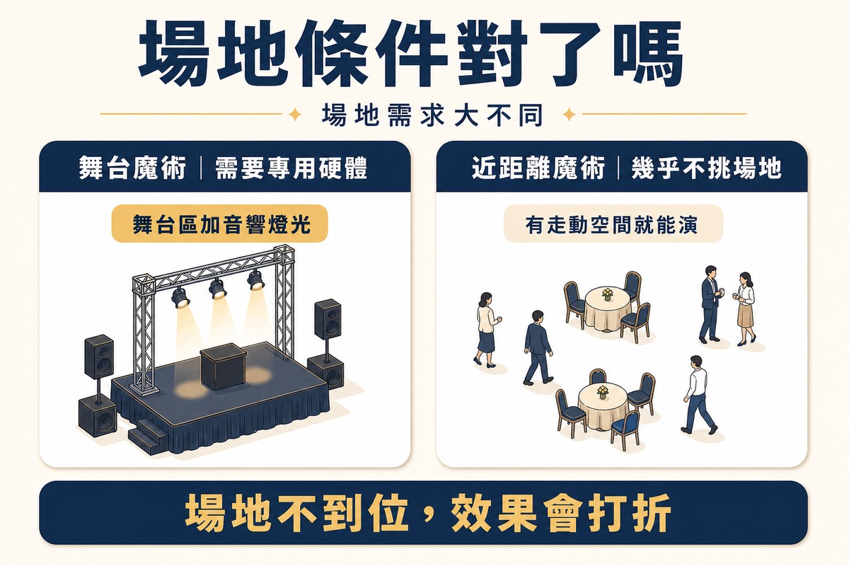 資訊圖卡左側顯示舞台魔術的場地需求，一個配備聚光燈架與音響喇叭的舞台，標示舞台區加音響燈光；右側顯示近距離魔術的場地彈性，開放空間中賓客自由走動與桌椅，標示有走動空間就能演；底部提醒場地不到位效果會打折