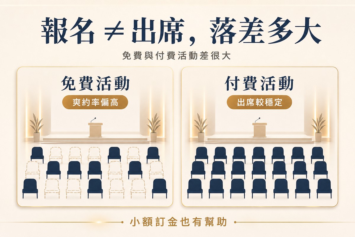 解說圖對比免費與付費活動的出席狀況:左側免費活動卡片顯示約一半座位為空的座位圖,標籤寫爽約率偏高;右側付費活動卡片顯示幾乎全滿的座位圖,標籤寫出席較穩定,底部提醒小額訂金也有幫助。