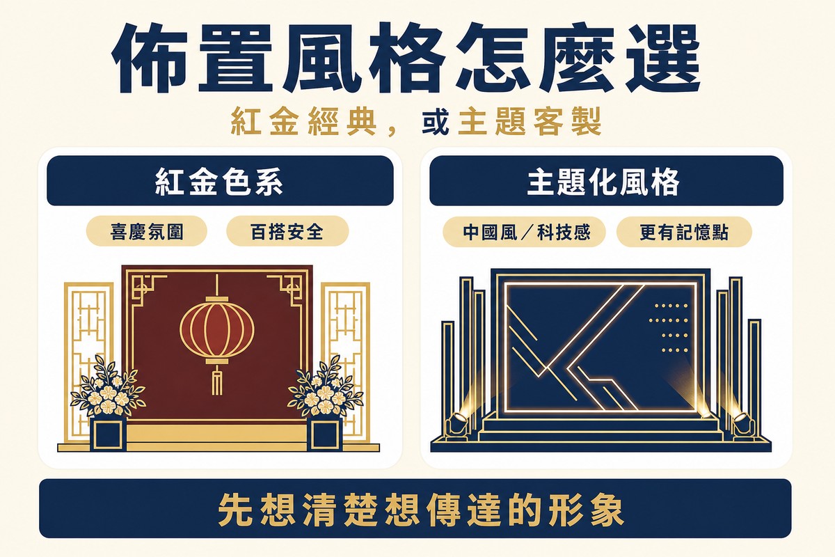 比較紅金經典色系與主題化客製風格兩種尾牙佈置方向