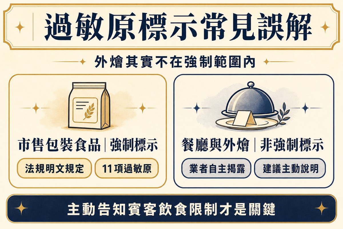 兩張並排卡片圖解過敏原標示常見誤解，左卡市售包裝食品搭配強制標示文字與法規明文規定、11項過敏原標籤，右卡餐廳與外燴搭配非強制標示文字與業者自主揭露、建議主動說明標籤，底部提醒主動告知賓客飲食限制才是關鍵