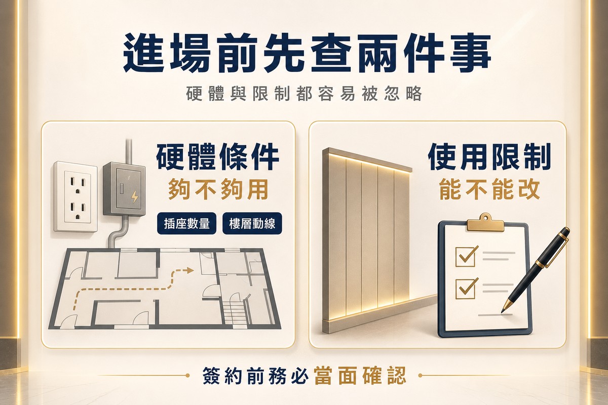解說圖對比進場前要查的兩件事：左側硬體條件卡片顯示插座與配電箱搭配樓層平面圖，標籤寫插座數量與樓層動線；右側使用限制卡片顯示牆面與勾選中的核可清單，標籤寫裝潢授權，底部提醒簽約前務必當面確認。