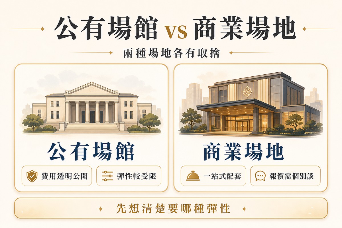 兩張並排卡片對比公有場館與商業場地，左卡古典列柱建築插畫搭配公有場館、費用透明公開、彈性較受限標籤，右卡現代商務大樓插畫搭配商業場地、一站式配套、報價需個別談標籤，底部提醒先想清楚要哪種彈性