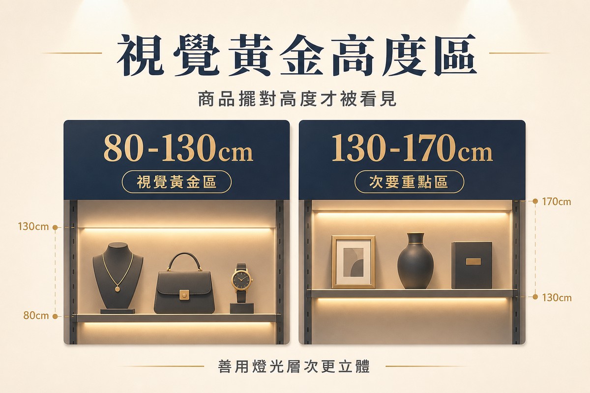 圖解視覺黃金高度區，左側展示層架標示80至130公分為視覺黃金區並陳列商品，右側標示130至170公分為次要重點區，底部提醒善用燈光層次更立體