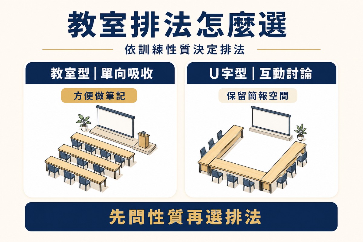 資訊圖卡比較教室排法：左側教室型，標示單向吸收、方便做筆記，配整齊排列的桌椅俯視插畫；右側U字型，標示互動討論、保留簡報空間，配U字形排列桌椅插畫；底部提醒先問性質再選排法