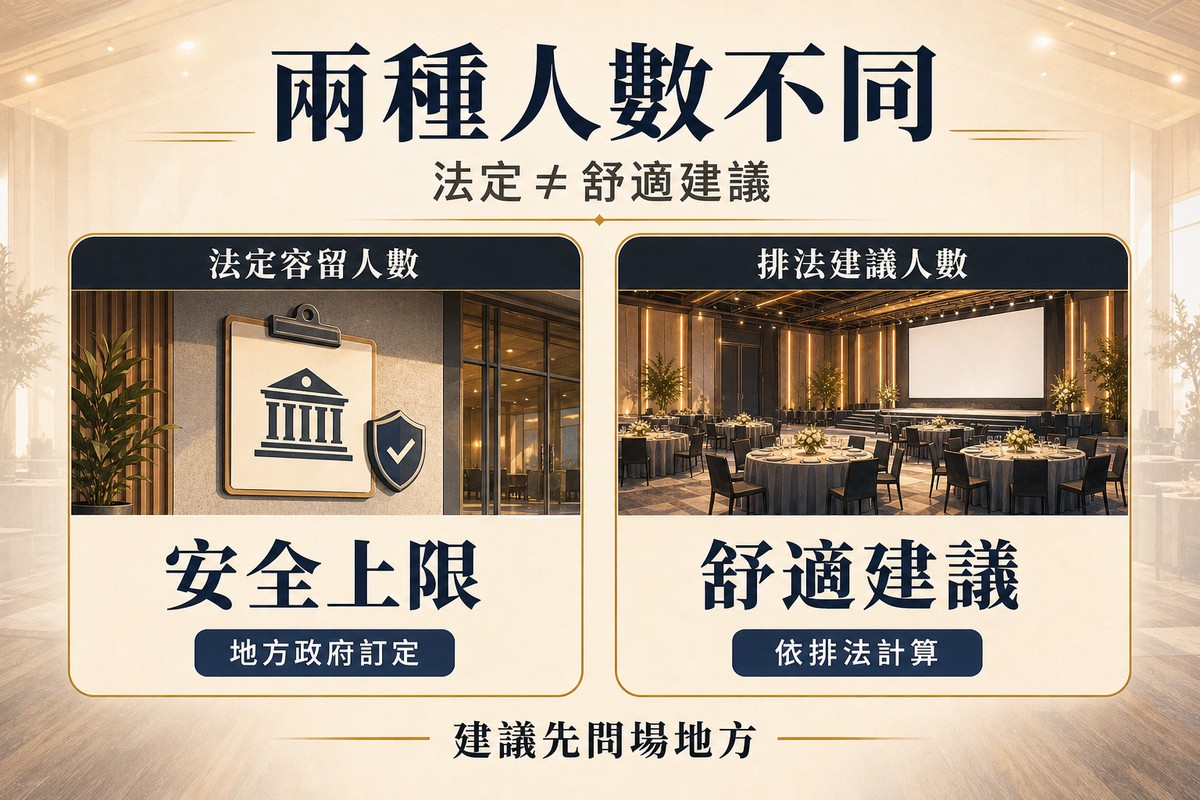 法定容留人數與排法建議人數比較,法定容留人數是安全上限、排法建議人數是舒適配置參考