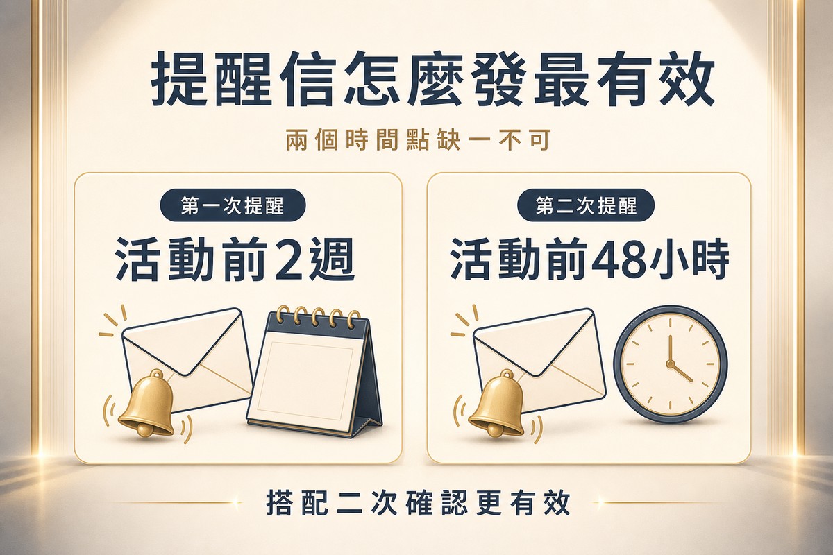 解說圖對比兩次提醒信的時機:左側卡片顯示信封與月曆圖示,標籤寫第一次提醒、活動前2週;右側卡片顯示信封與時鐘圖示,標籤寫第二次提醒、活動前48小時,底部提醒搭配二次確認更有效。