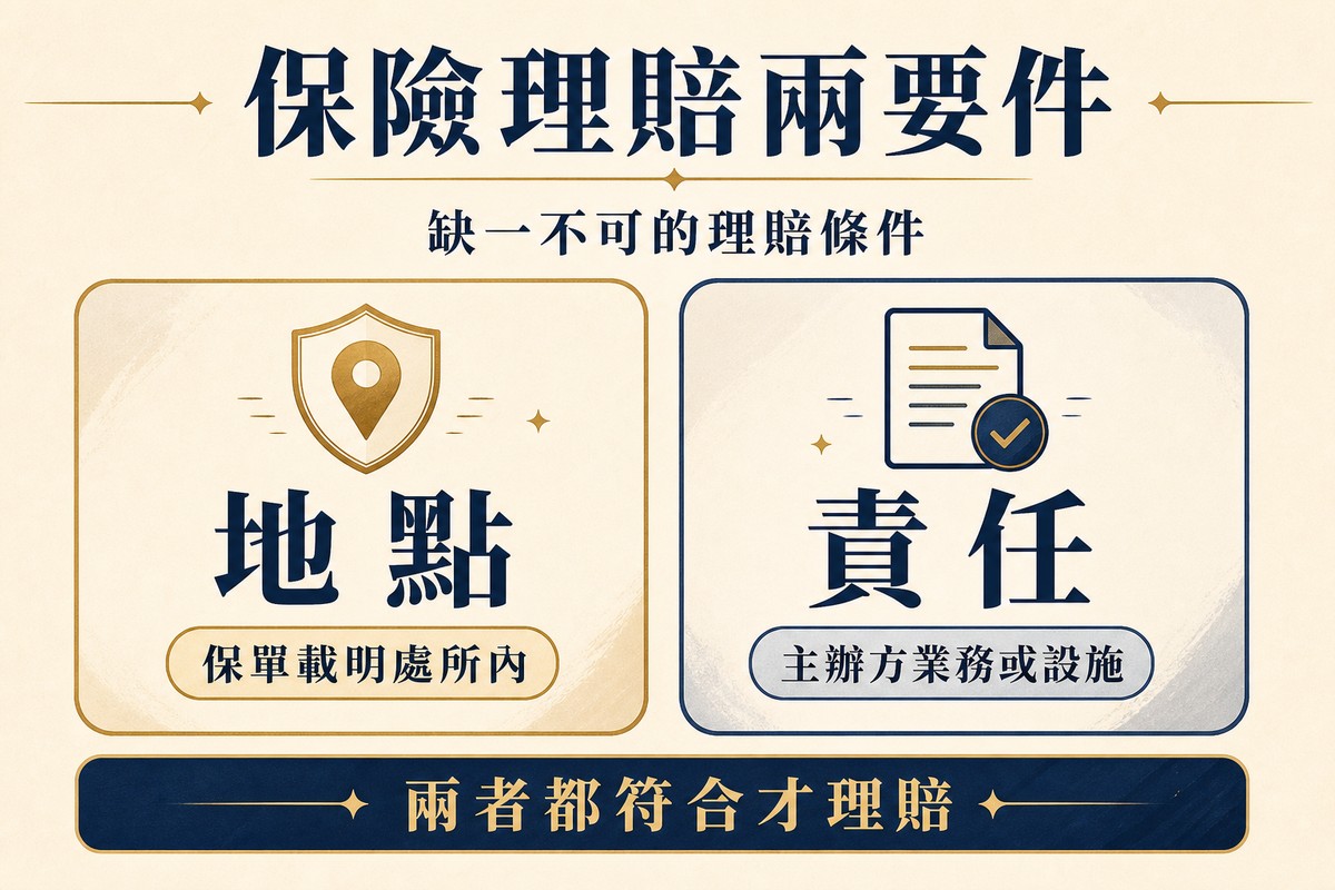 兩張並排卡片圖解活動保險理賠要件,左卡地點搭配保單載明處所內文字,右卡責任搭配主辦方業務或設施文字,底部提醒兩者都符合才理賠