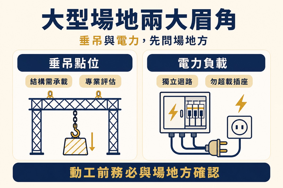 大型場地佈置需留意垂吊點位結構承載與電力負載獨立迴路兩大技術細節