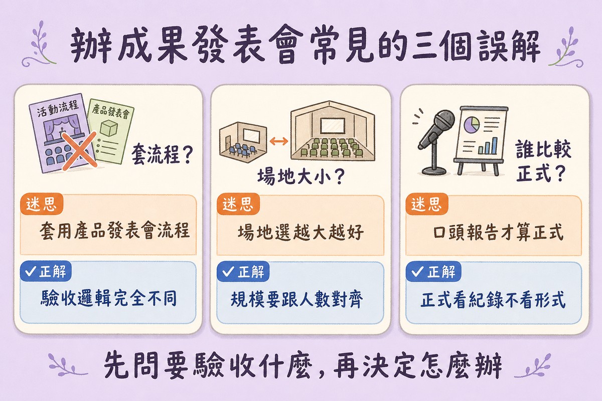 三欄卡片,套流程的迷思是套用產品發表會流程正解是驗收邏輯完全不同,場地大小的迷思是場地選越大越好正解是規模要跟人數對齊,誰比較正式的迷思是口頭報告才算正式正解是正式看紀錄不看形式,底部寫先問要驗收什麼再決定怎麼辦