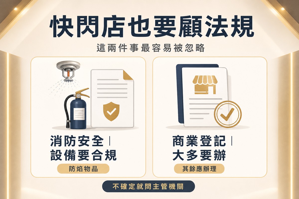 解說圖對比快閃店常忽略的兩項法規義務：左側消防安全卡片顯示滅火器與灑水頭搭配合規文件，標籤寫防焰物品；右側商業登記卡片顯示登記文件蓋上核准章，標籤寫其餘應辦理，底部提醒不確定就問主管機關。