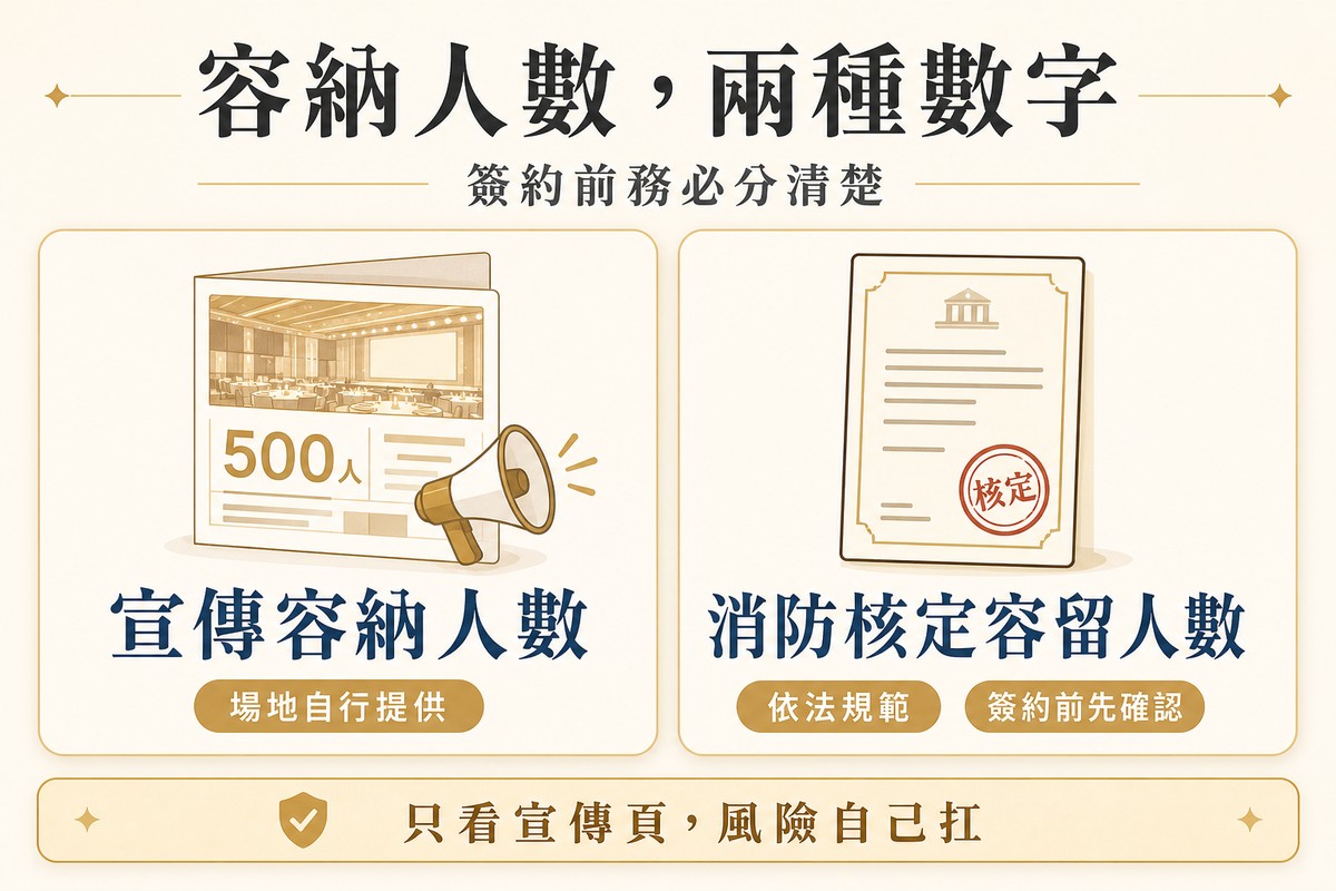 兩張並排卡片圖解宣傳容納人數與消防核定容留人數的差異，左卡文宣手冊插畫搭配數字與擴音器圖示，標示宣傳容納人數、場地自行提供標籤，右卡官方文件插畫搭配核定印章圖示，標示消防核定容留人數、依法規範、簽約前先確認標籤，底部提醒只看宣傳頁、風險自己扛