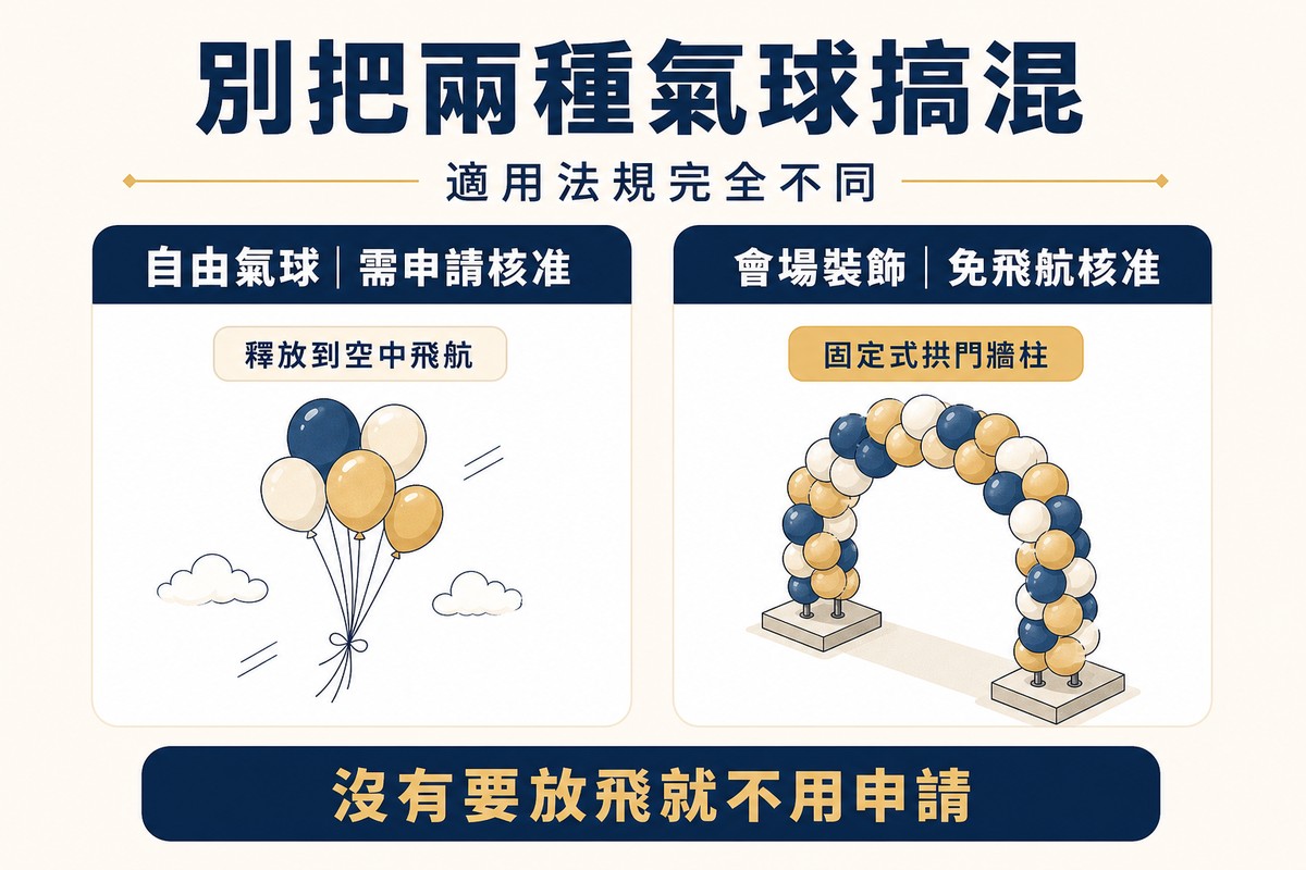資訊圖卡比較自由氣球與會場裝飾：左側自由氣球需申請核准、釋放到空中飛航，配氣球飄向天空插畫；右側會場裝飾免飛航核准、固定式拱門牆柱，配固定在地面底座上的氣球拱門插畫
