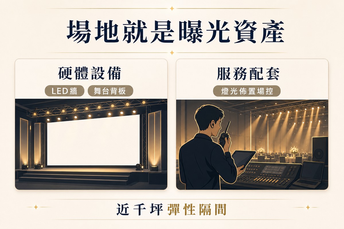 解說圖對比場地曝光資產的兩個面向:左側硬體設備卡片顯示舞台區LED主牆與投影布幕留白畫面,標籤寫LED牆與舞台背板;右側服務配套卡片顯示工作人員手持對講機與平板操作燈光音控台,標籤寫燈光佈置場控,底部提醒近千坪彈性隔間。