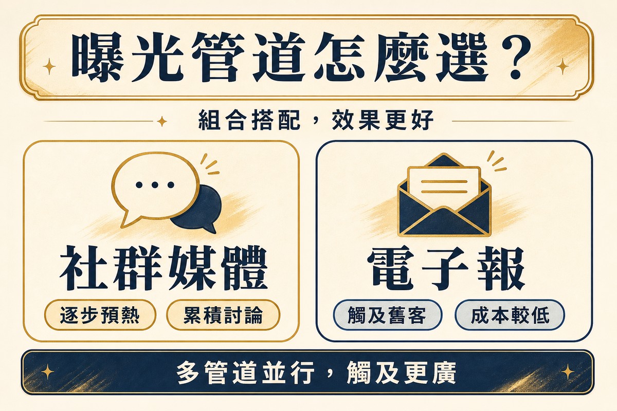 資訊圖卡頂端標題曝光管道怎麼選,下方小標組合搭配效果更好;左側卡片標示社群媒體,兩個標籤分別是逐步預熱與累積討論;右側卡片標示電子報,兩個標籤分別是觸及舊客與成本較低;底部深色提醒條寫多管道並行觸及更廣