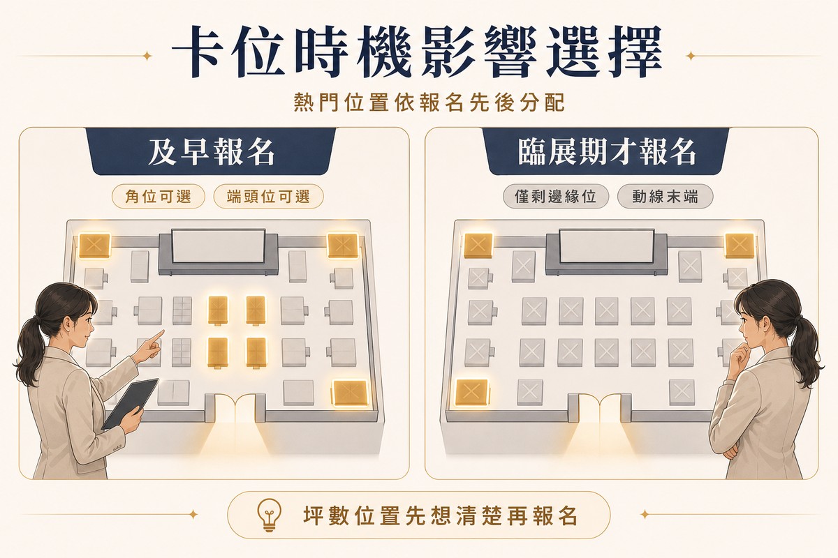 兩張並排展場平面示意圖對比，左圖工作人員從多個標示為可選的優質位置中挑選並搭配角位可選、端頭位可選標籤，右圖同一平面圖上多數位置已標示不可選、只剩邊緣角落搭配僅剩邊緣位、動線末端標籤，底部提醒坪數位置先想清楚再報名