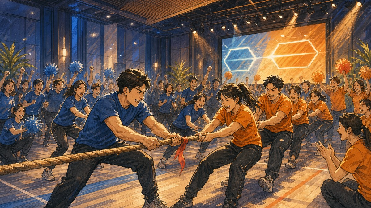 企業運動會室內拔河情境示意圖