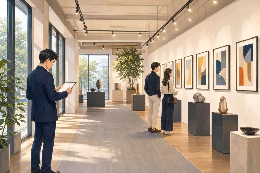 台北小型展覽場地內,牆面掛著作品、走道寬敞,參觀者與主辦人員在現場