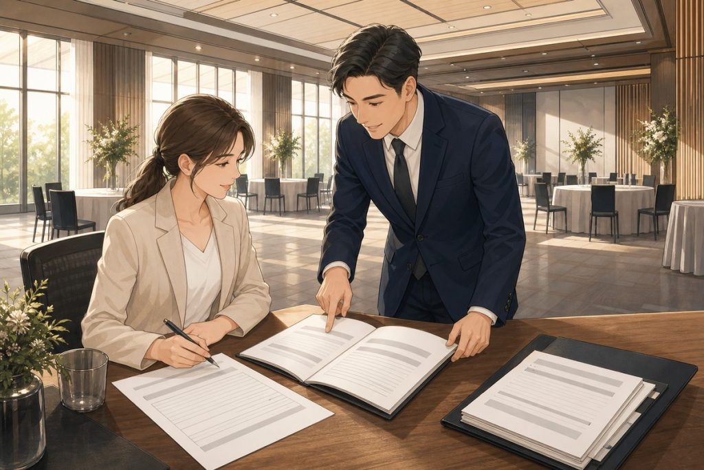活動承辦人在明亮活動場地旁準備場地申請表與附件文件，場地人員在旁說明