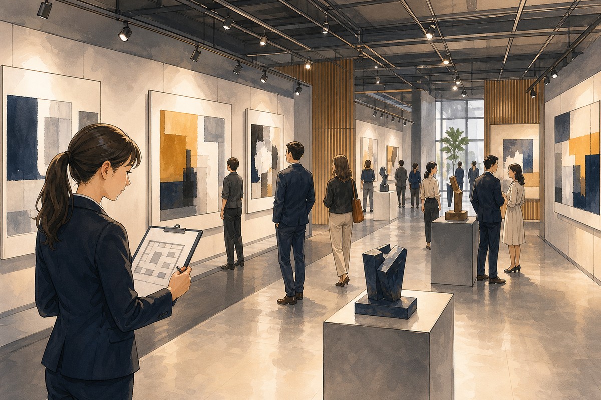 展期中的展覽現場，模組化展板沿牆陳列，觀展者沿著主動線參觀
