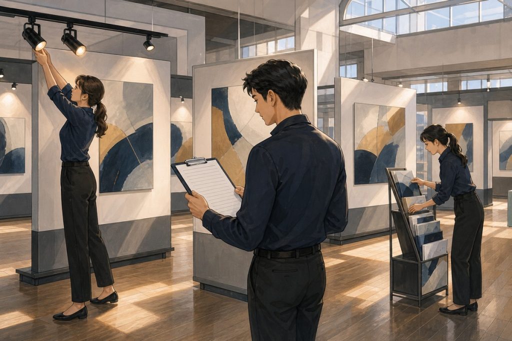 展覽開館前，工作人員巡場檢查展板、調整投射燈並補充文宣