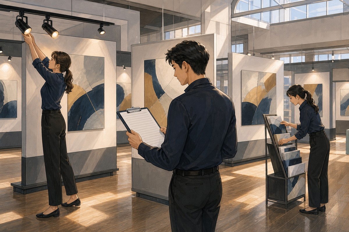 展覽開館前，工作人員巡場檢查展板、調整投射燈並補充文宣