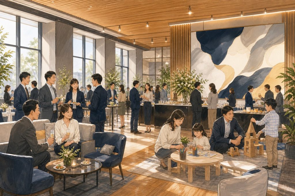 日間舉行的公司新年聚會，同仁分組交流，部分帶著家人一起參加