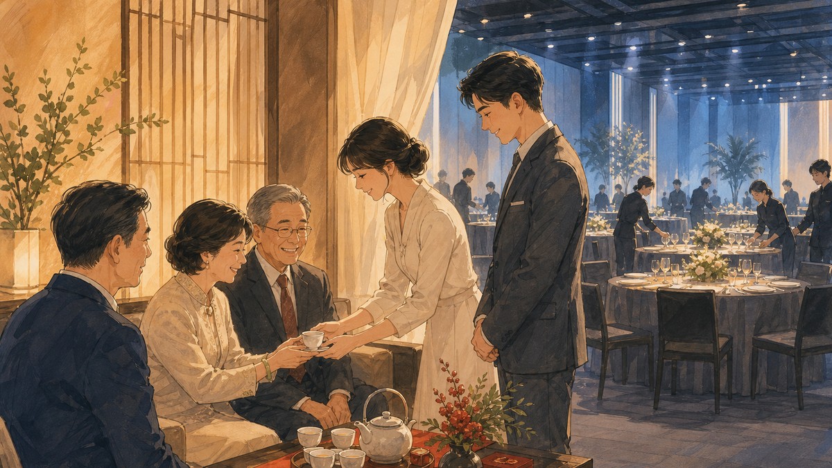 訂婚儀式奉茶戴戒指情境示意圖