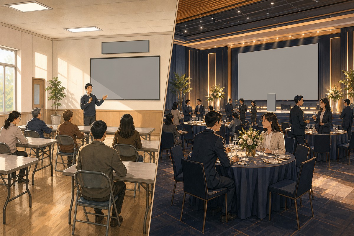 公有借用空間與商業租借場地的對照：簡單的社區活動廳與有佈置的商務活動空間