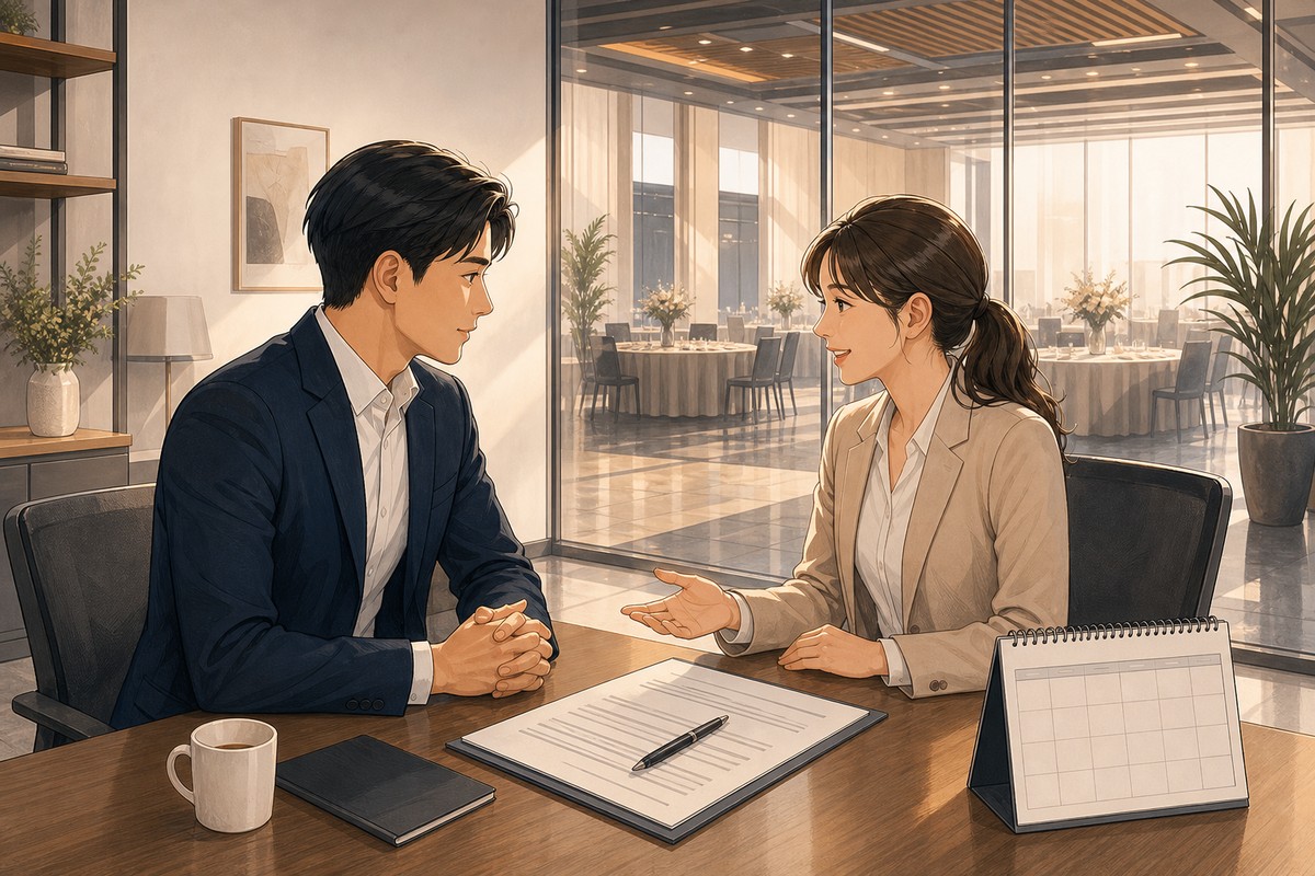 活動主辦人與場地人員在辦公室隔著合約與日曆討論檔期變更