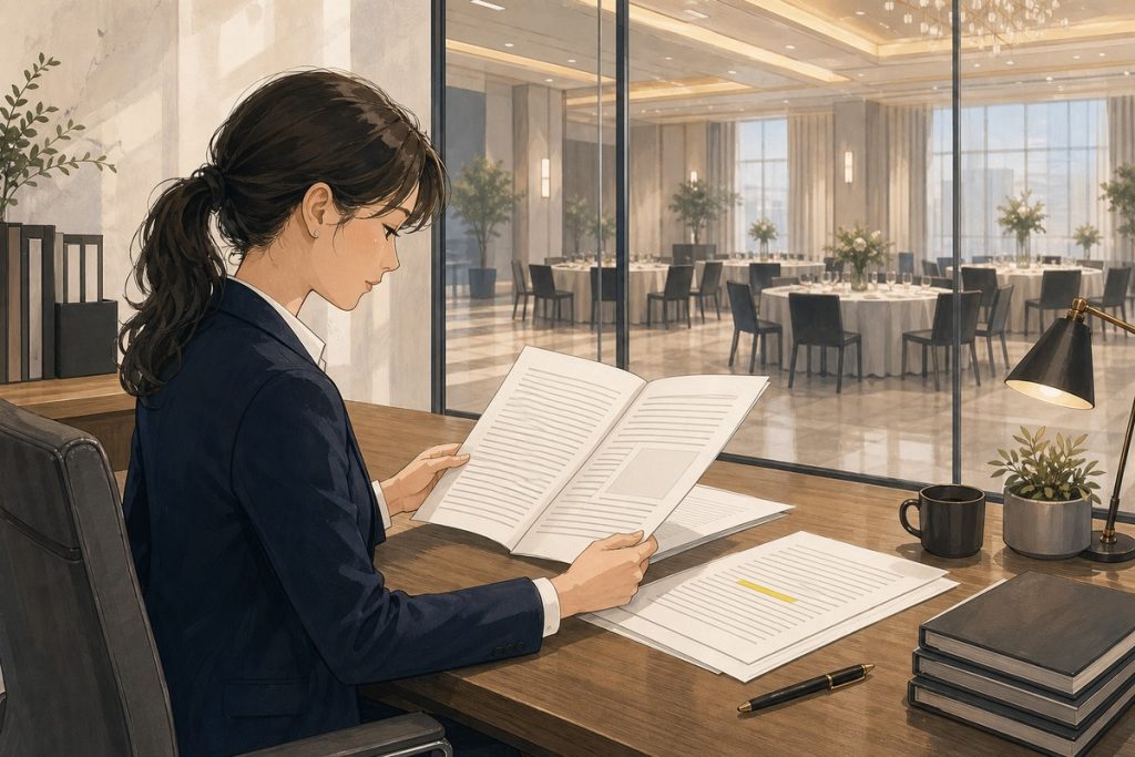 活動承辦人在空場地旁仔細閱讀場地使用同意書,筆放在一旁尚未簽名