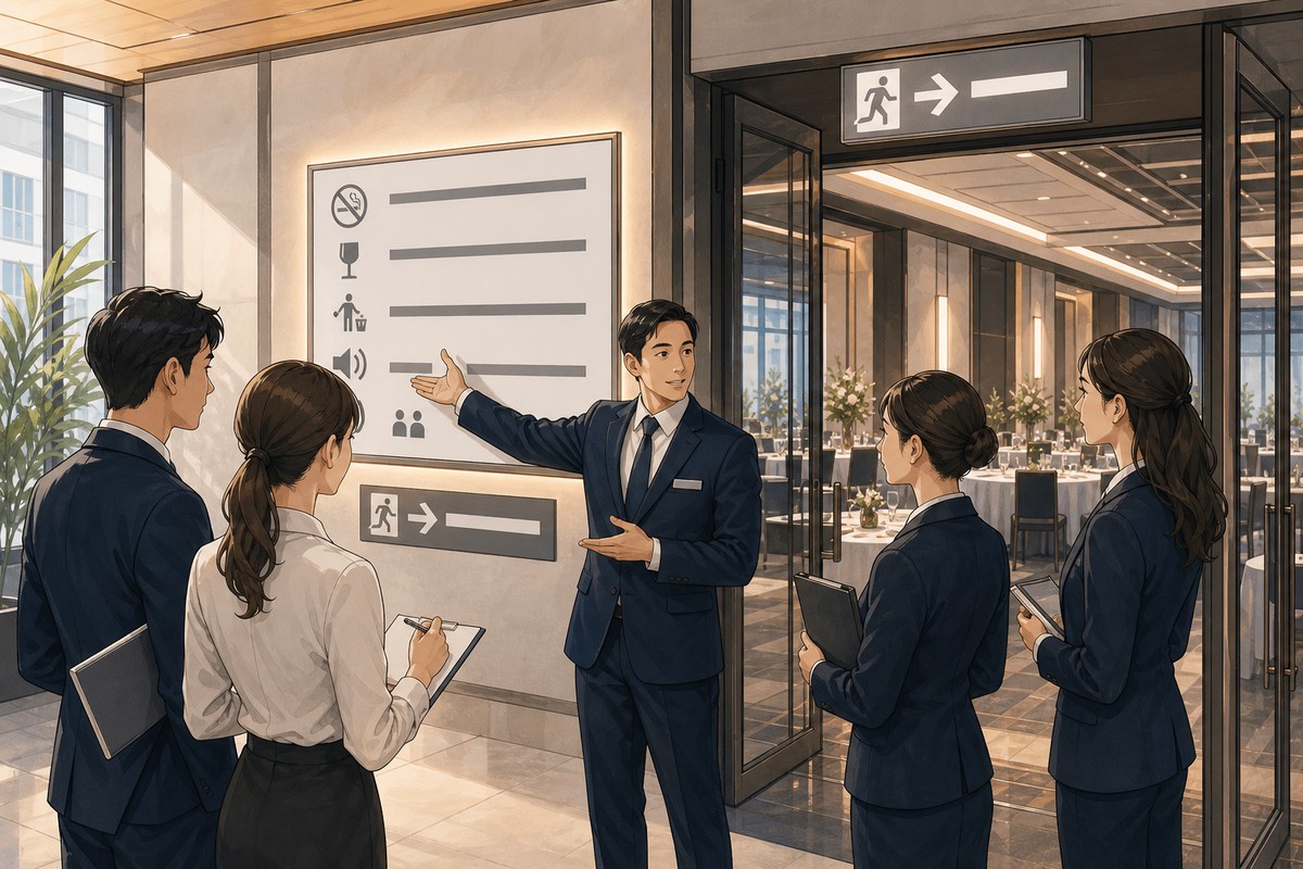 場地營運人員在活動前向團隊說明現場規則與逃生動線