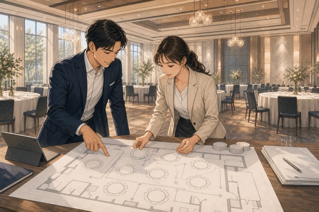 兩位活動規劃人員在場地旁攤開平面圖，一人描出動線、一人擺放桌子紙模
