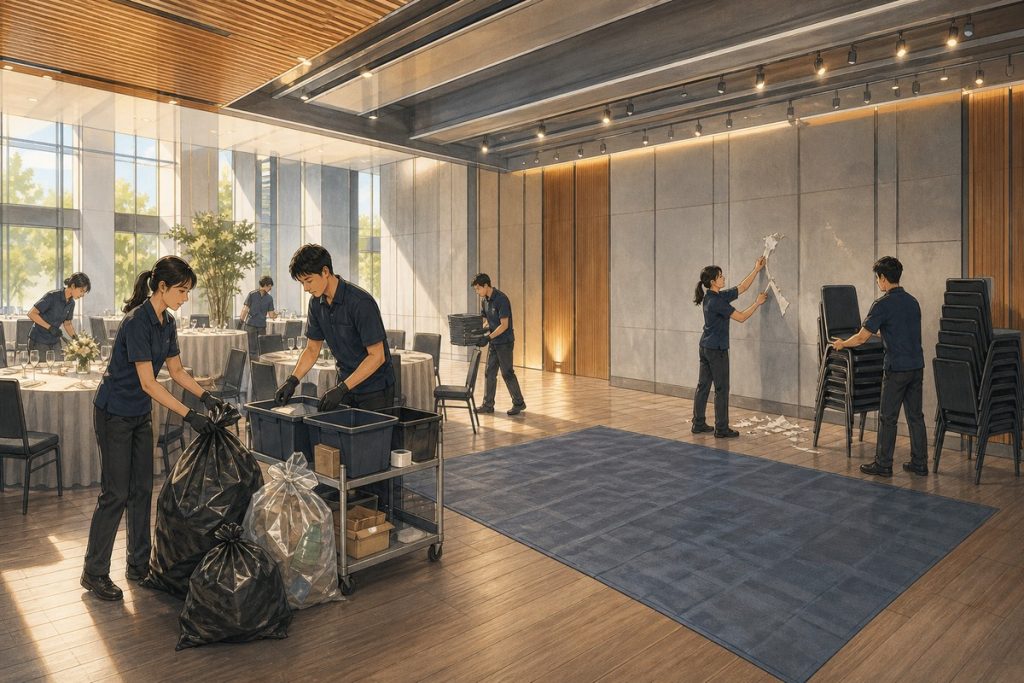 活動撤場現場，工作人員集中打包垃圾、清除牆面殘膠、將椅子歸位