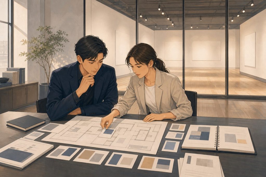 策展人與主辦人在空展場旁排列作品縮圖並討論平面配置