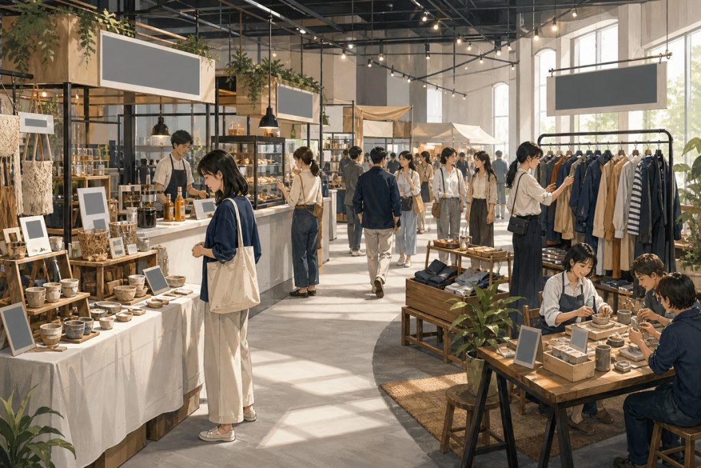 策展型室內市集現場，不同類別的攤位沿著寬敞迴圈動線交錯排列