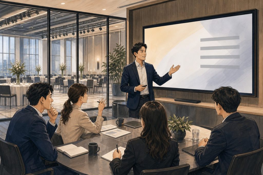 活動提案簡報進行中，簡報者在螢幕旁說明，與會者提出問題並記錄
