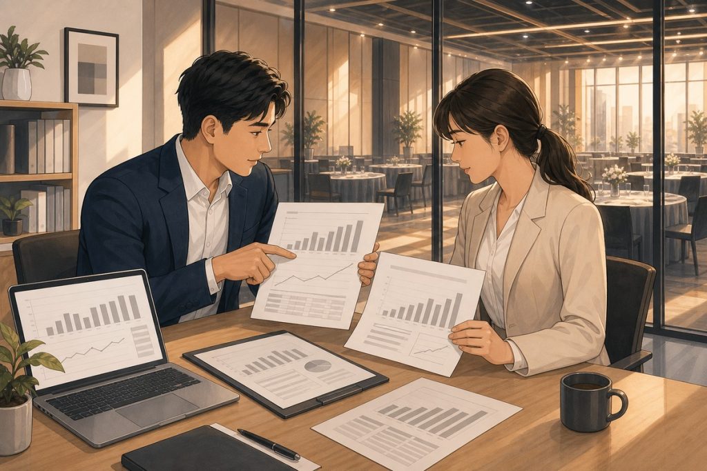 兩位同事在辦公室核對活動成效報表，比對活動前後的趨勢變化