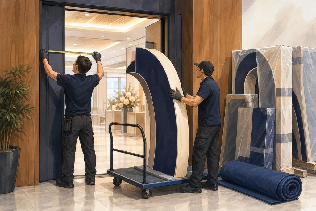 兩名工作人員把拆解後的大型道具板推過門框，一人正在量門寬